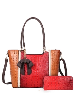 2 in 1 Ribbon Accent Alligator Satchel Wallet Set CY-8632W RED